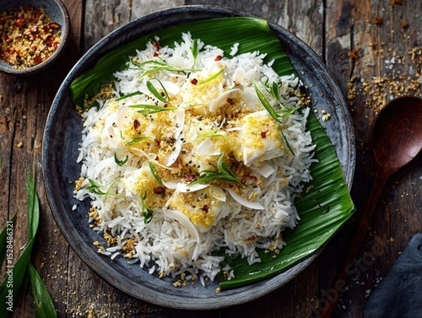 Obraz Delicious Coconut Rice with Spices and Fresh Herbs on a Rustic Wooden Table