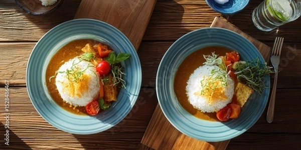 Obraz Delicious Asian Curry with Rice and Fresh Vegetables Served on Wooden Table