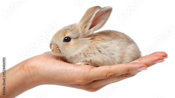 Fototapeta Tiny furry bunny held gently in a hand, a cute pet isolated on white 