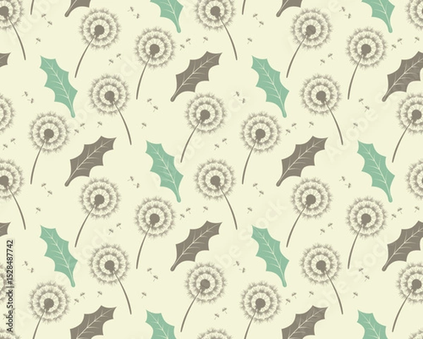 Fototapeta Seamless pattern vector with dandelions and leafs. beautiful hand-drawn illustration on beige -vector eps8