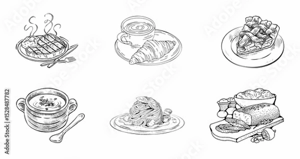 Obraz Hand-drawn food illustration set. Ink sketch of steak, coffee with croissant, pie, soup, spaghetti, and bread.