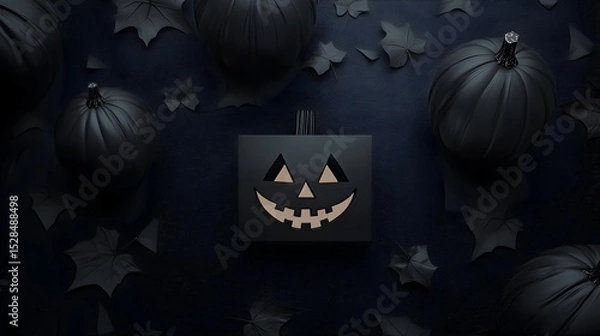 Obraz Minimalist Black Jack-o'-Lantern Pumpkins on Dark Background with Autumn Leaves – Modern Halloween Concept.