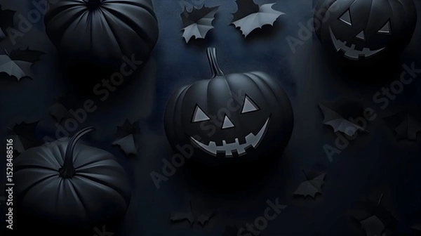 Obraz Minimalist Black Jack-o'-Lantern Pumpkins on Dark Background with Autumn Leaves – Modern Halloween Concept.