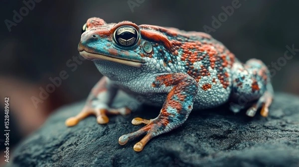 Obraz Vibrant colorful toad perched on dark rock.