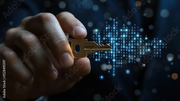 Fototapeta Digital key: hand holding the key to unlocking access to secure data