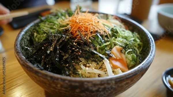 Fototapeta Exquisite close-up of a vibrant Korean Bibimbap bowl, adorned with fresh vegetables