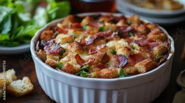 Fototapeta Delicious breakfast strata featuring crispy bacon, bread cubes, and fresh spinach