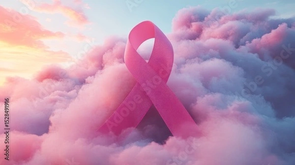 Fototapeta Pink ribbon against ethereal clouds, symbolizing hope, awareness and support
