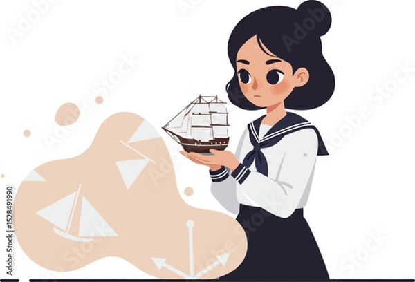 Fototapeta Girl in sailor uniform holding model ship illustration with abstract shapes in soft beige and black colors 