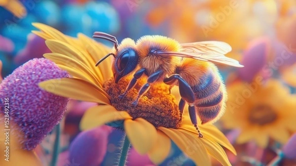 Fototapeta A honeybee diligently collecting nectar on a vibrant yellow flower blossom
