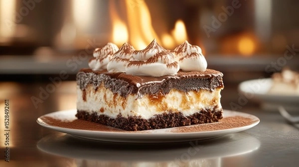 Fototapeta Delicious Chocolate Tiramisu Cake Slice with Whipped Cream Topping Display