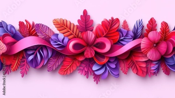 Fototapeta Elegant botanical design featuring paper-cut leaves and pink ribbon accent
