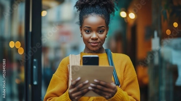 Fototapeta Urban connection: stylish woman navigates city life with technology in hand
