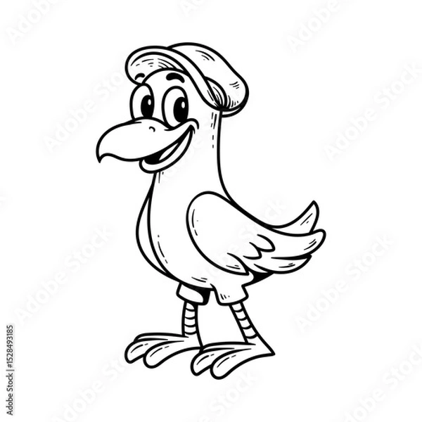 Fototapeta fun cute seagull with hat cartoon character isolated drawing line style sketch classic vintage design illustration