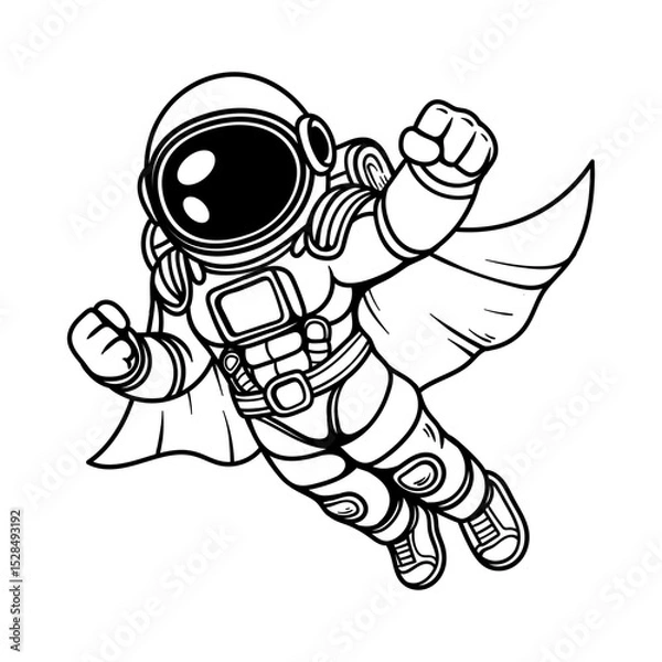 Fototapeta fun flying superhero astronaut cartoon character isolated drawing line style sketch classic vintage design illustration