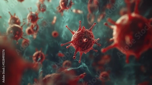Fototapeta Close-up of viral particles floating in biological fluid, microscopic view