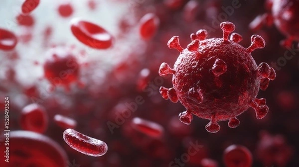 Fototapeta Microscopic view of viral pathogen with red blood cells in a bloodstream