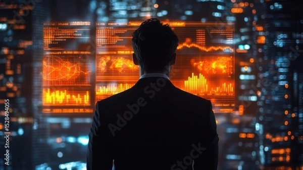 Fototapeta Silhouette of a Business Leader Analyzing Global Data in a Futuristic Cityscape