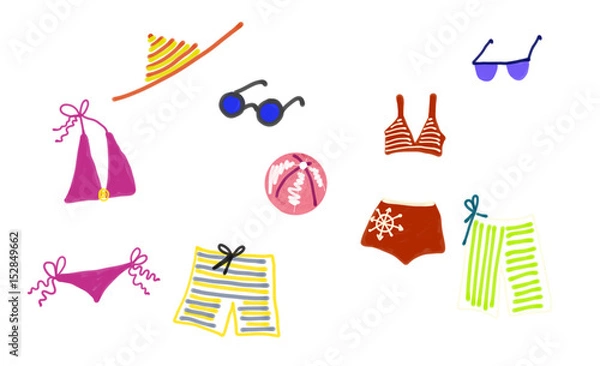 Fototapeta Colorful hand drawn abstract beach cloth and accessories on white background, isolated illustration painted by watercolor, pen and paper chalk on canvas, high quality