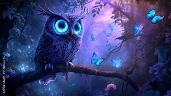 Fototapeta Magical owl with glowing eyes perched on a branch in an enchanted forest, surrounded by blue butterflies.