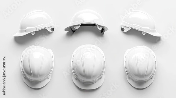 Fototapeta Five white hard hats in various positions on a white background.