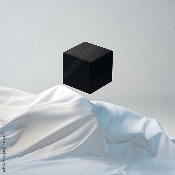 Fototapeta Floating Cube Minimalist 3D Render of Black Cube on White Fabric