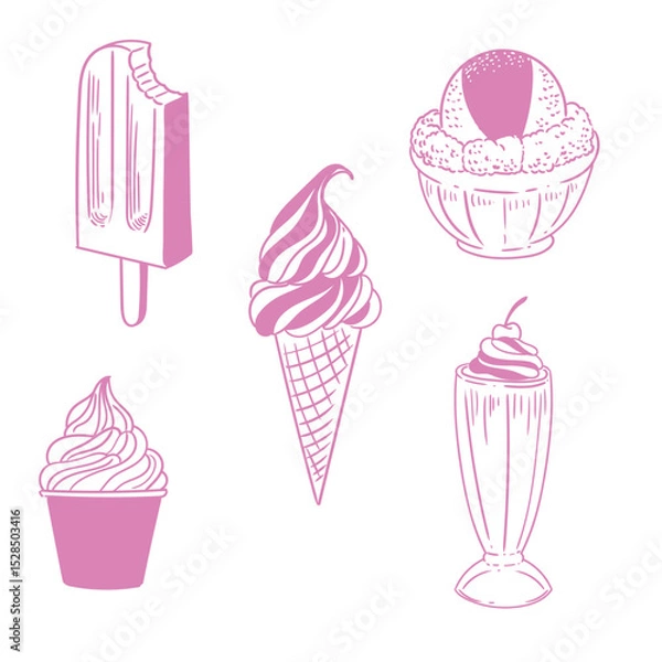 Obraz A set of original hand-drawn ink illustrations of ice cream. Original drawings of ice cream cones, milkshakes, and ice cream tubs.