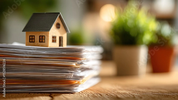 Fototapeta Professional small house model sits on stack of documents symbolizing real estate services and paperwork in warm office setting.