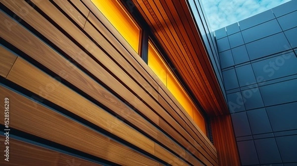 Obraz Modern architectural facade with wooden lamellas and warm lighting. A striking contrast between natural textures and sleek urban design