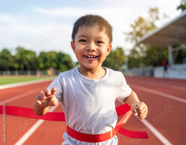 Obraz A small happy boy enthusiastically crossing the finish line on an outdoor running track under the sun.