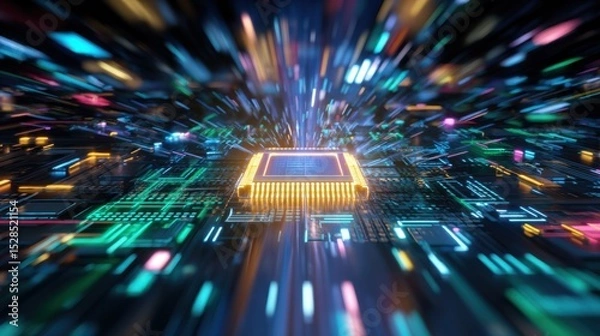 Obraz A computer chip is shown in a colorful, futuristic setting