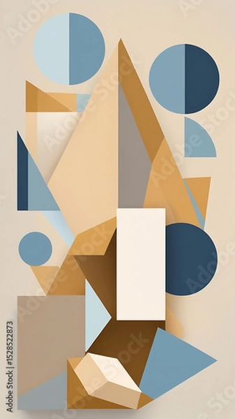 Fototapeta Conceptual still life mixing Cubist fragmentation with Nordic minimalism, composed with beige, soft gold, and sky blue hues.