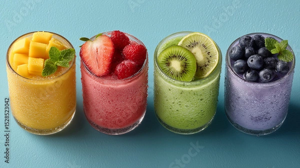 Fototapeta Colorful frozen drinks in tall glasses with tropical fruit, fresh fruit smoothie