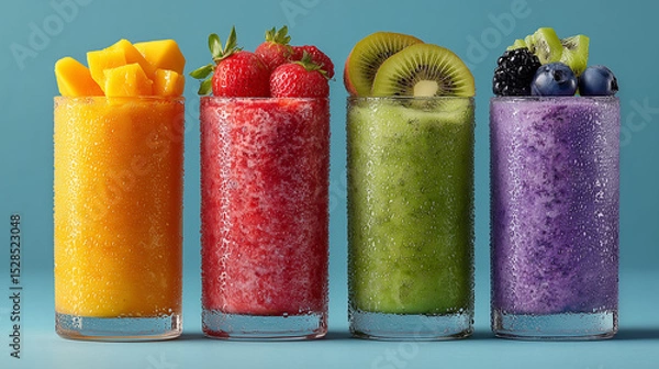 Fototapeta Colorful frozen drinks in tall glasses with tropical fruit, fresh fruit smoothie
