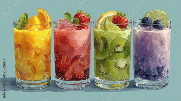 Fototapeta water color style colorful frozen drinks in tall glasses with tropical fruit, fresh fruit smoothie