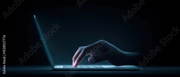 Obraz Typing action on laptop keyboard digital workspace technology concept dark environment close-up view cyber interaction