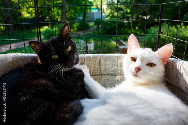 Fototapeta Black and white young cats lie next to each other in a basket