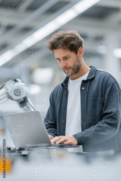 Obraz Engineer works on laptop in modern facility with robotic arm assisting in automation tasks