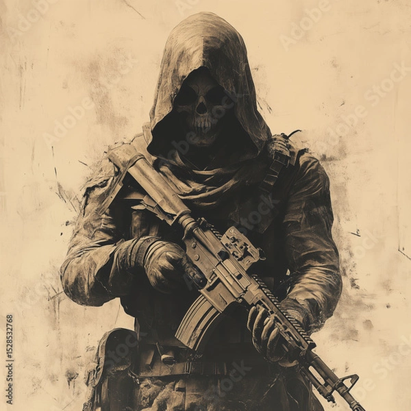 Fototapeta A shadowy grim reaper in a dark hooded cloak, holding an assault rifle, with an Ace of Spades patch, against a grunge background.