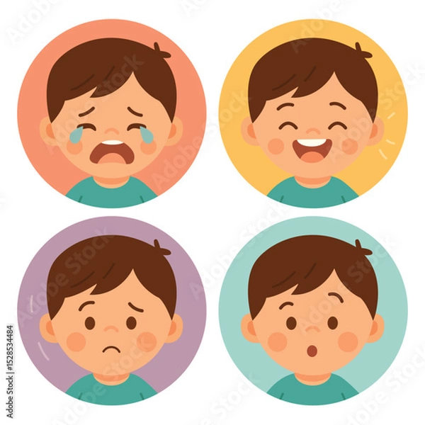 Fototapeta Boy with different facial expressions: crying, laughing, sad, and surprised. Flat cartoon illustration in round colorful frames. Emotional reaction and mood concept for kindergarten education