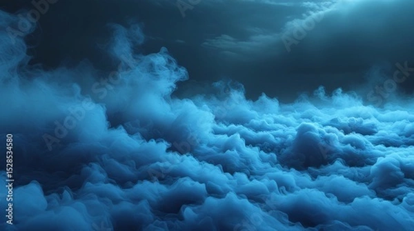 Fototapeta Surreal abstract ocean of blue fog and mist under night sky. Dreamlike fantasy landscape with ethereal clouds. Atmospheric depth and mysterious moody lighting.