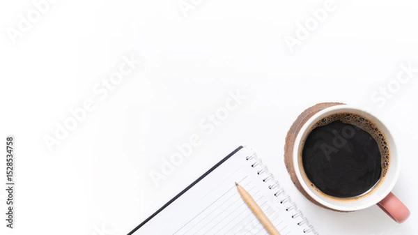 Fototapeta Flat lay, top view office table white desk. Workspace with notepad, pen, and coffee cup on isolated white background.