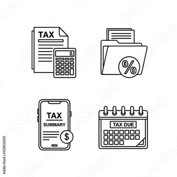 Obraz Tax Preparation Icons Documents, Calculator, Mobile App, and Calendar