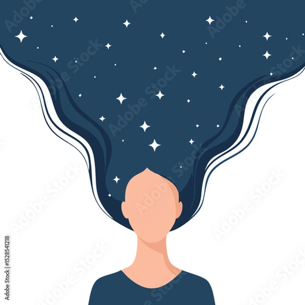Fototapeta A minimalist vector illustration of a woman lying on her stomach while writing, with long dark blue flowing hair that transforms into a cosmic starry sky