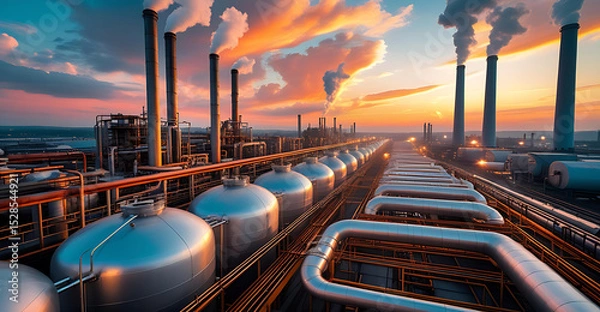 Obraz Industrial Power Plant with Pipelines and Storage Tanks at Sunset Generative AI