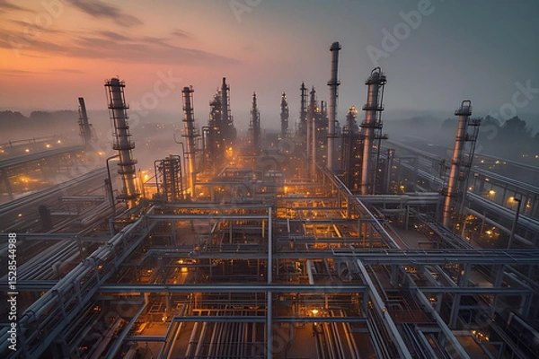 Obraz Industrial Plant at Sunset with Steel Structures and Chimneys Generative AI