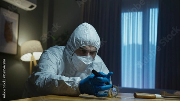 Obraz Forensic expert inspecting evidence with flashlight