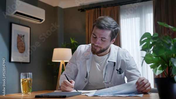 Obraz Doctor writing notes during remote consultation