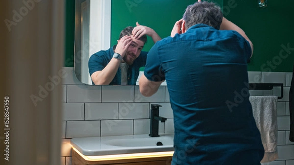 Obraz A man stands in front of a bathroom mirror, looking worriedly at his hair, checking for signs of hair loss.