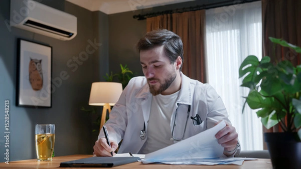 Obraz A doctor wearing a white coat carefully reviews a document while taking notes in a notebook, showing focus and professionalism in his medical work